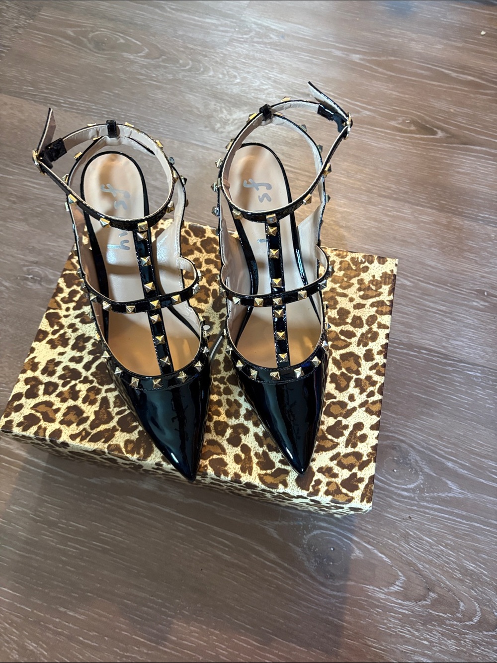 French Sole Black Patent Studded T-Strap Pointed Heels